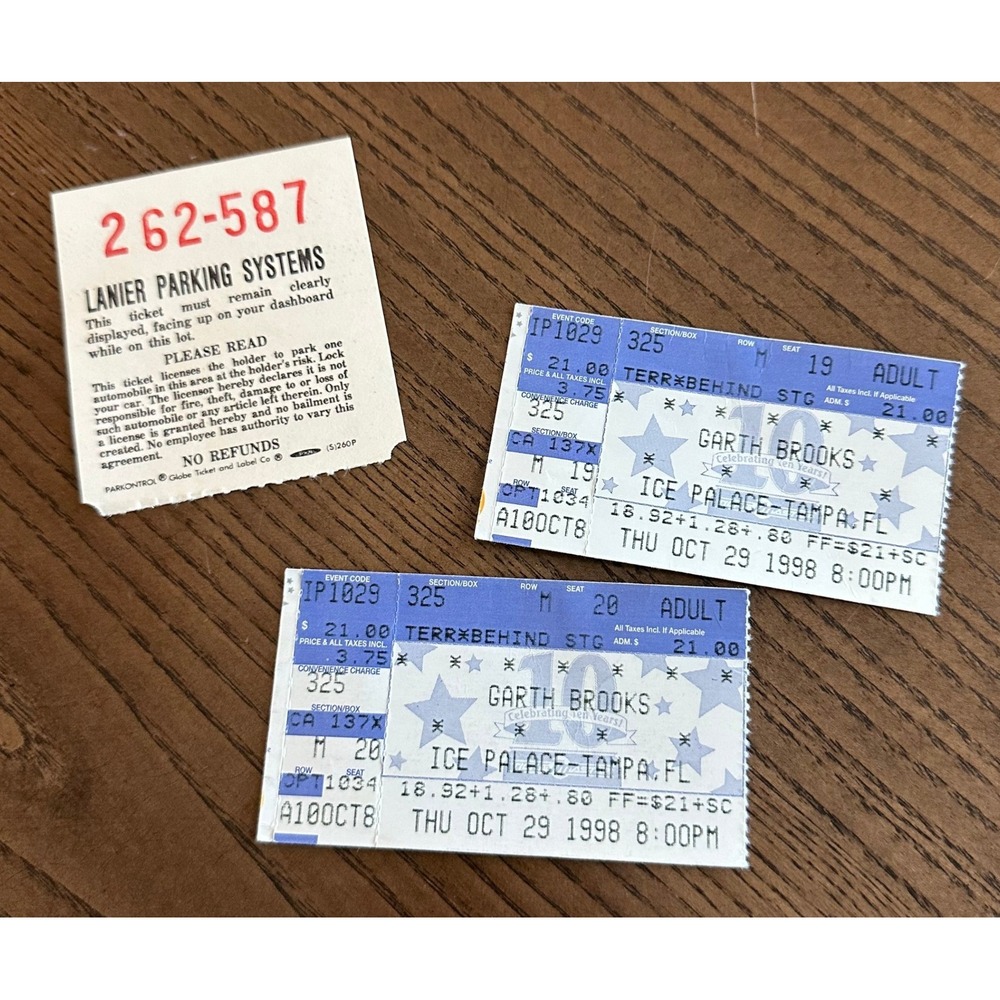 Vintage Garth Brooks 1998 Ticket Stubs Ice Palace Tampa FL Lanier Parking Set